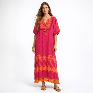 Figue Maxi Dress Mela Pink Orange Embroidered Boho Resort Cotton Shift L